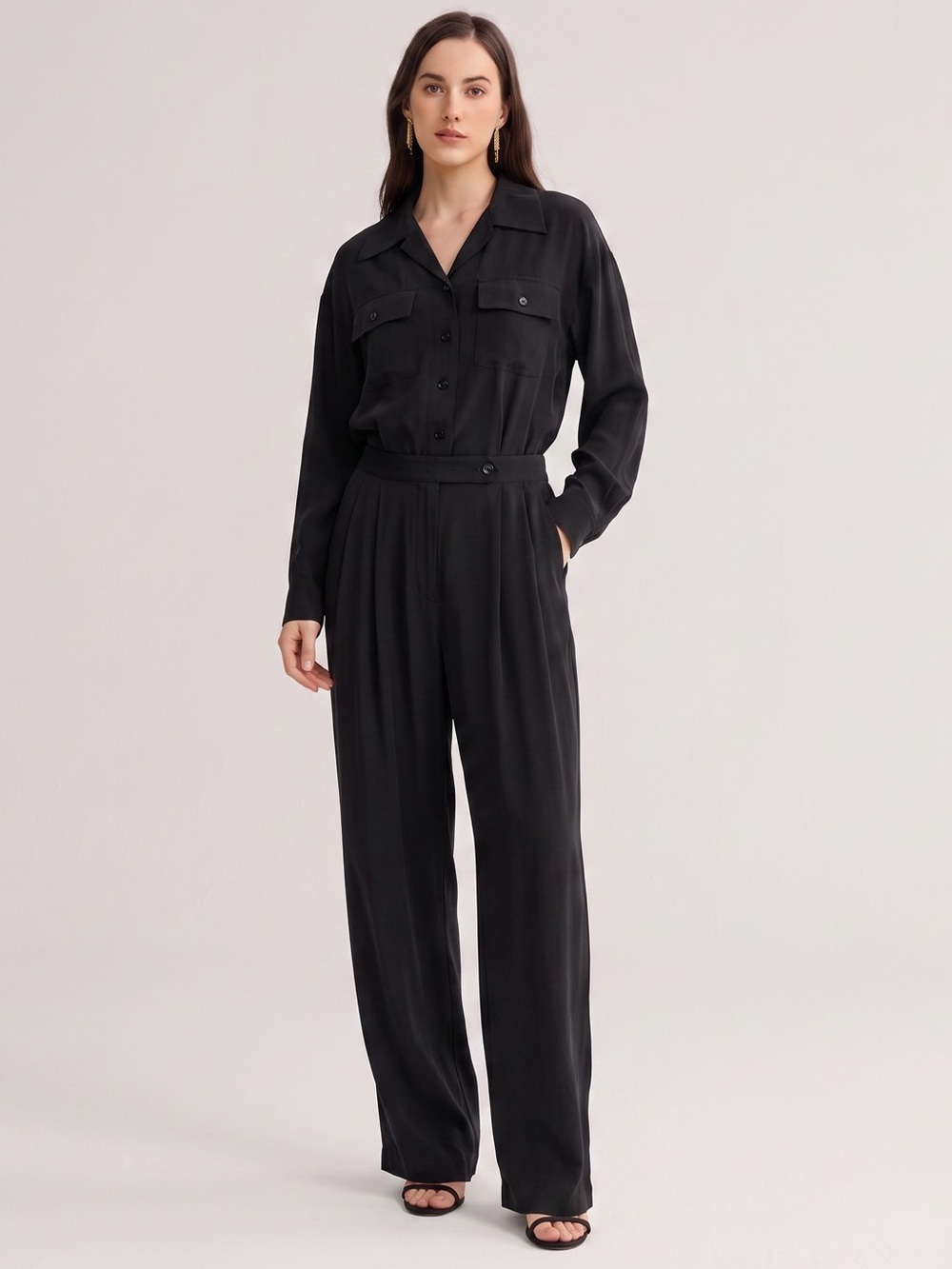 VINTAGE FIRST ISSUE 100% Silk Wide Leg Utility Jumpsuit